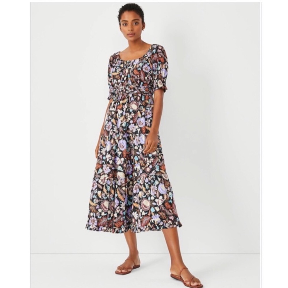 NWOT Ann Taylor- Womens Black Floral Batik Midi Puff Sleeve Tiered Flare Dress